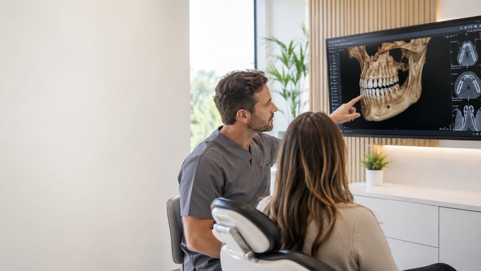 Dentist reviewing a 3D jaw scan with a patient