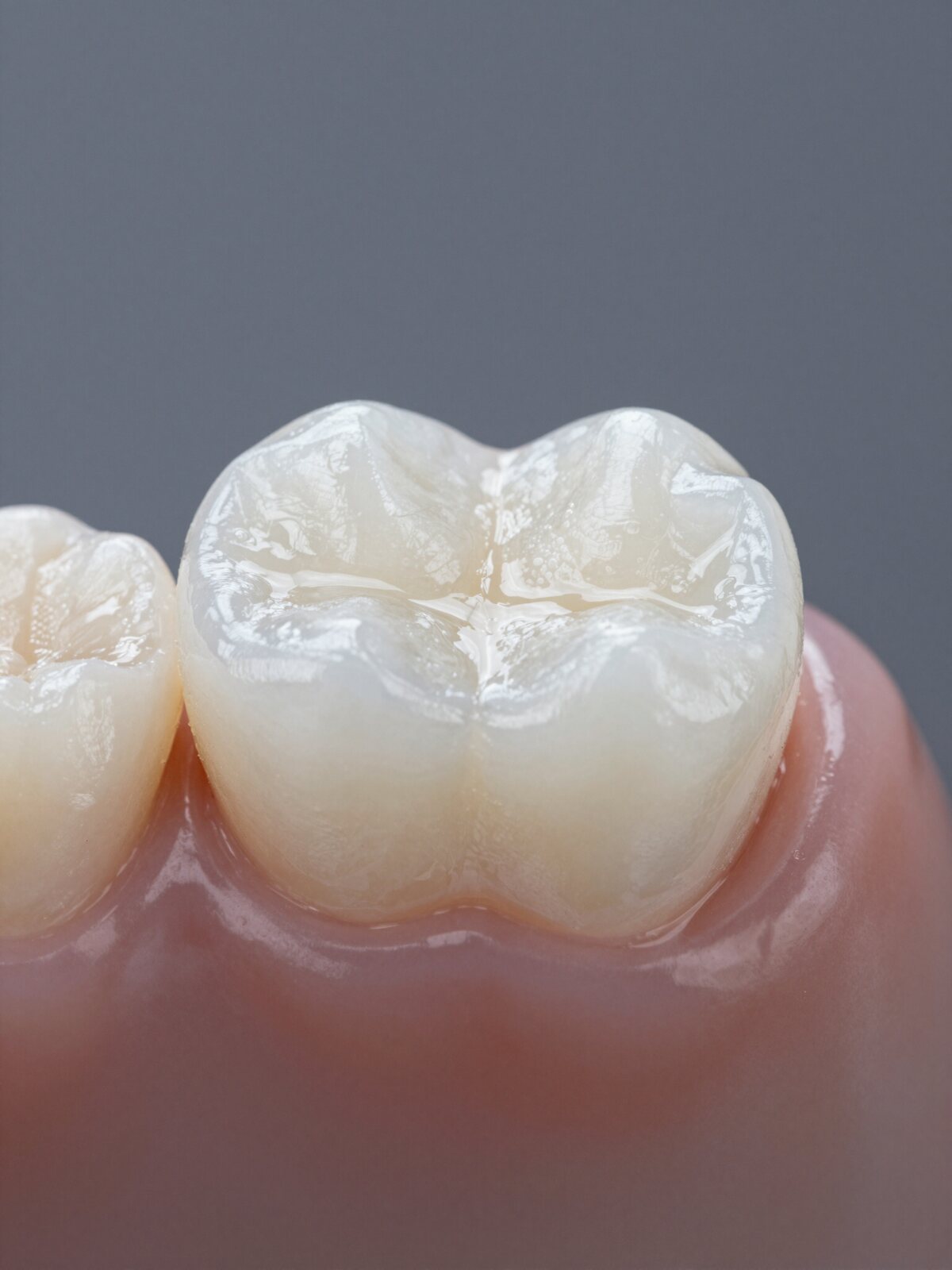 Close-up of a monolithic zirconia crown on a molar